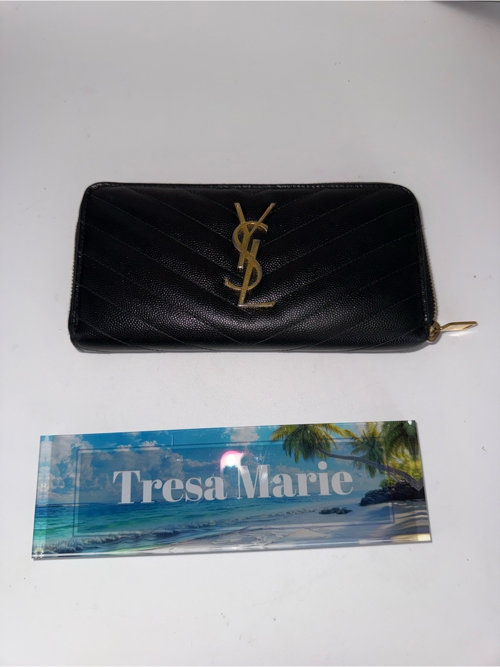 Saint Laurent Black Textured Leather Zip Wallet with Gold Hardware